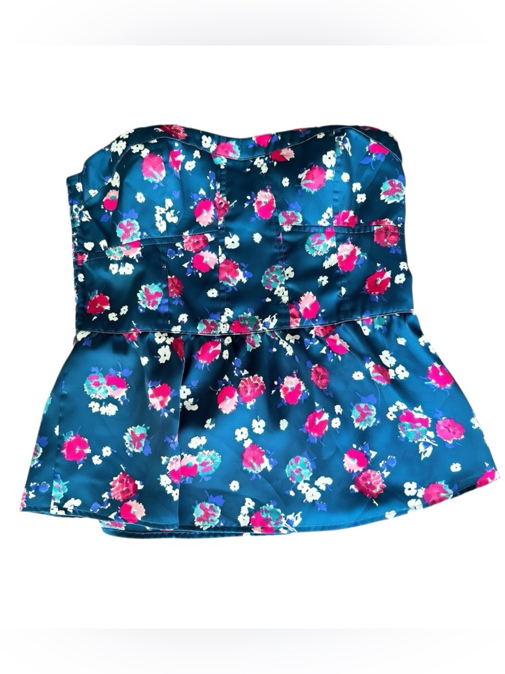 AE Y2K Dark Floral Satin Strapless Peplum Top Navy Wedding Guest Cottagecore